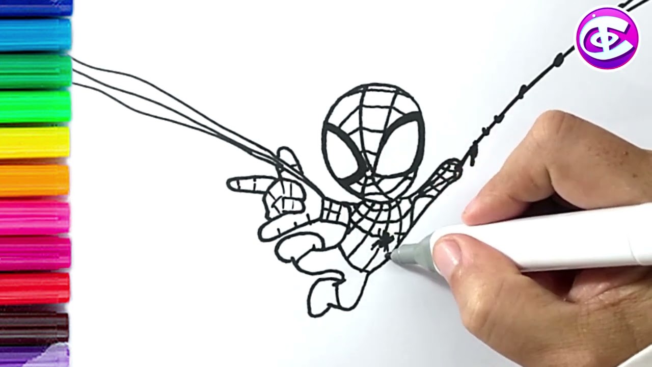 Desenhar e colorir Homem Aranha pulando com sua teia - Desenhos fáceis para crianças | Homem Aranha